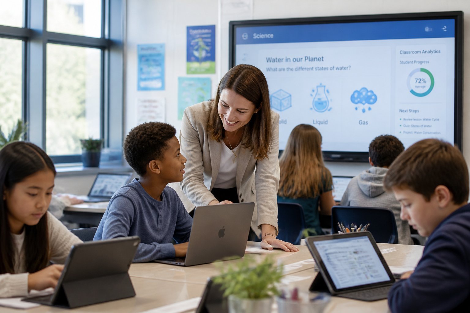 A teacher helping students in a bright classroom where students use tablets and laptops for learning.