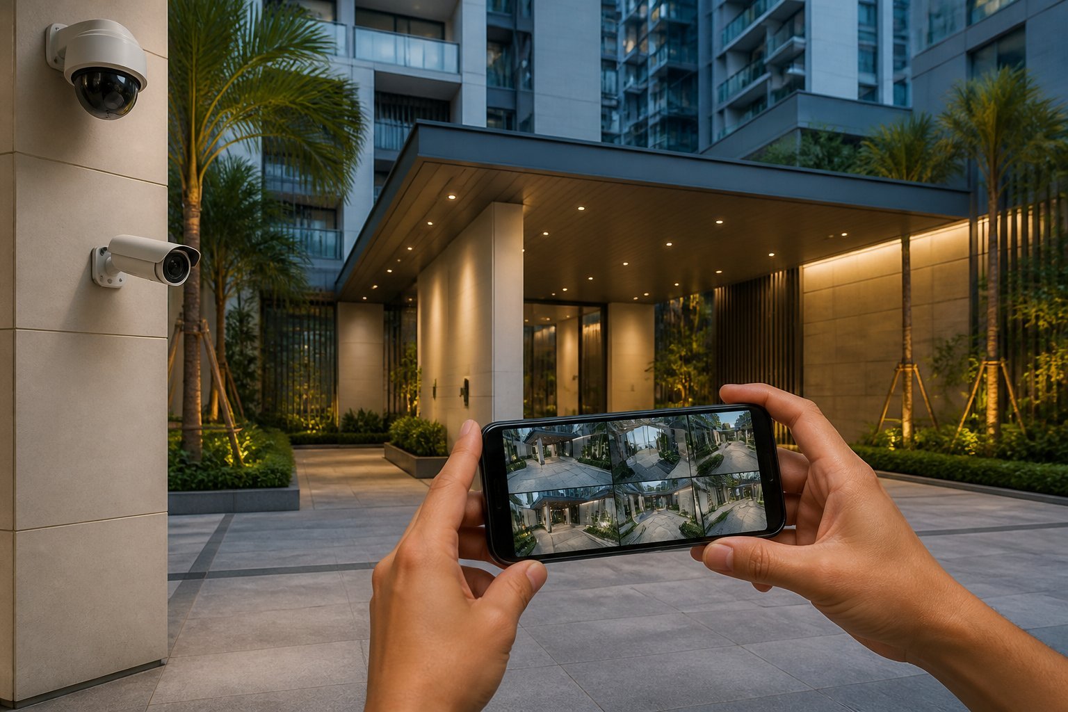 A person monitors live security camera feeds of a modern condominium entrance on a smartphone.