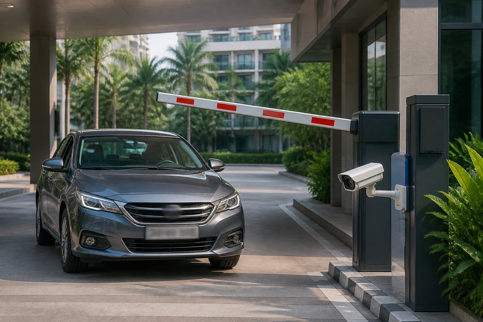 A car approaches a condominium vehicle barrier monitored by a license plate recognition camera.