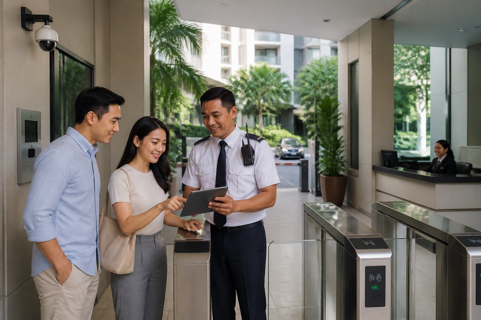 A security officer helps a visitor check in at the entrance of a modern Singapore condominium while cameras and electronic access controls secure the lobby.