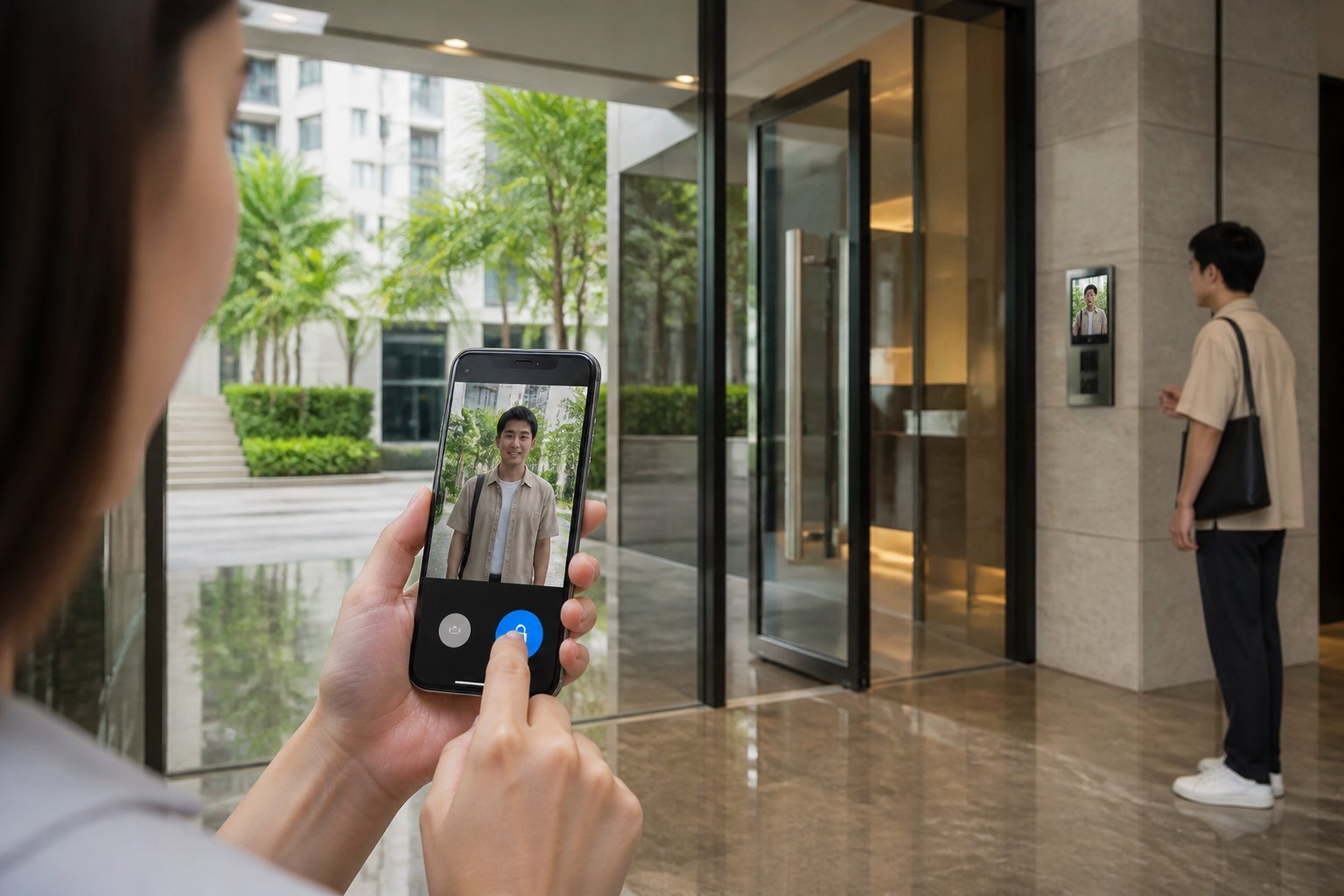A resident uses a smartphone to remotely verify a visitor and unlock a condominium entrance.
