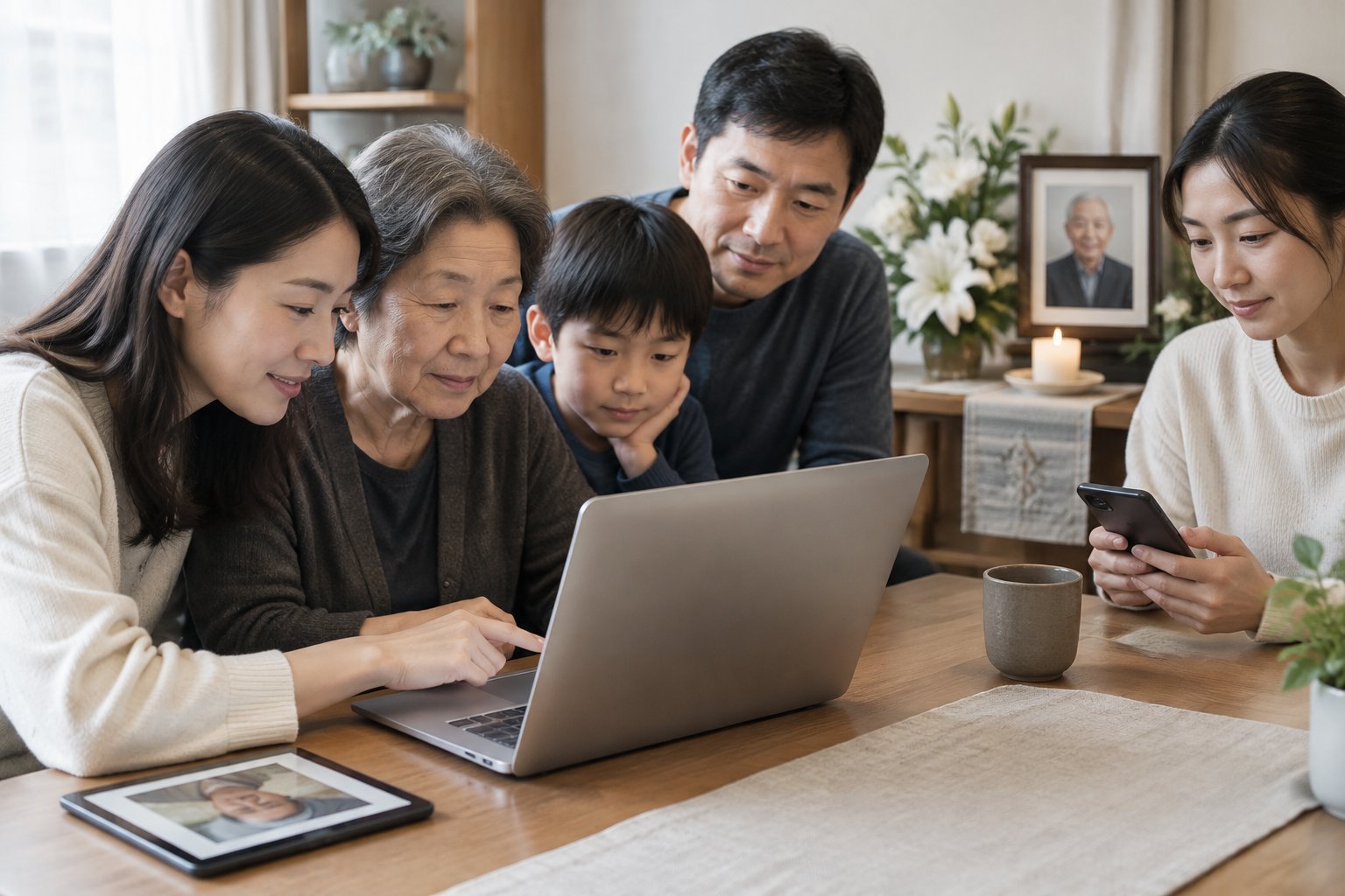 A family gathers around a laptop and phone beside a small memorial with a framed portrait and flowers.