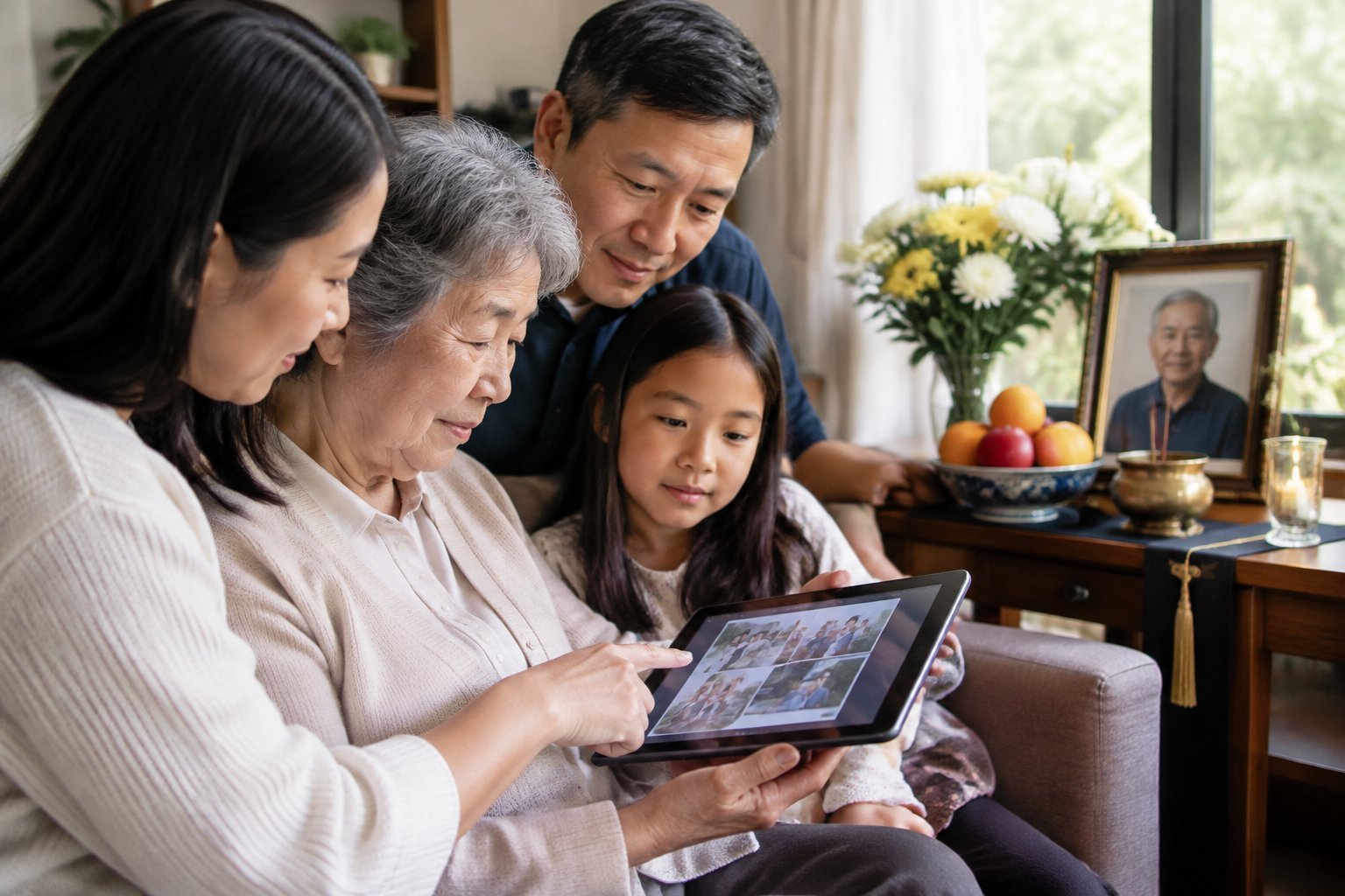 A family gathers around a tablet to view photographs beside a memorial portrait and flowers.