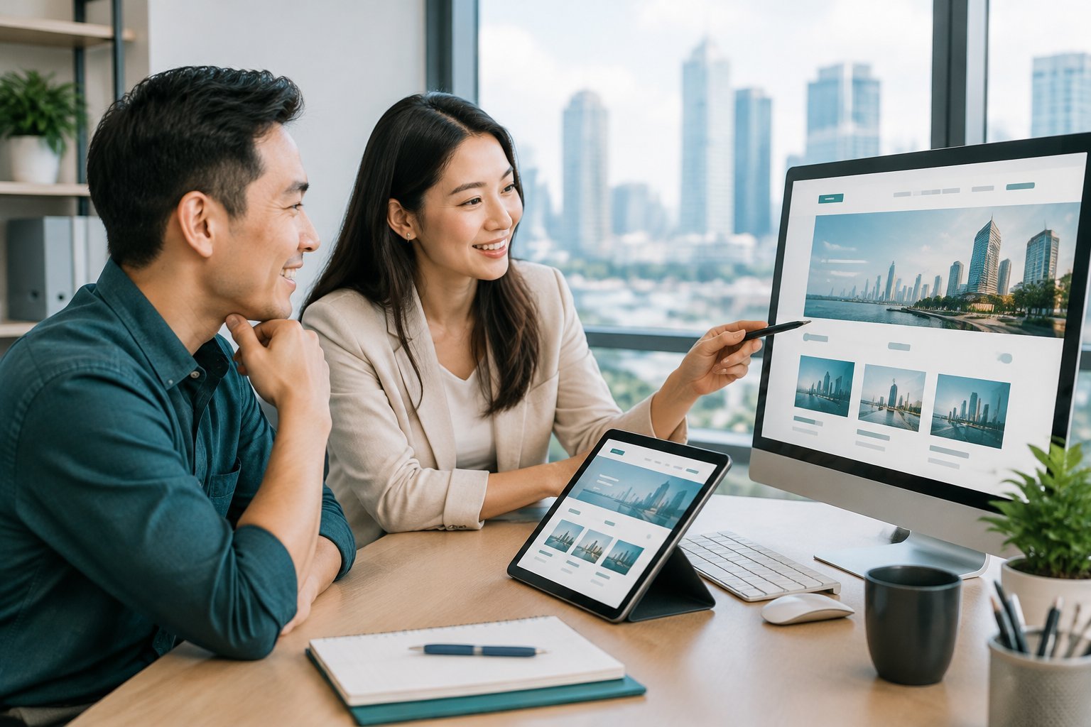 A business owner and web designer review a website on a computer in a modern office.