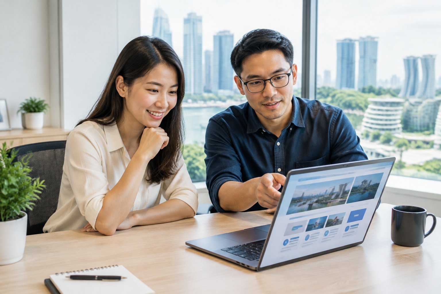 A small-business owner and web designer review a website on a laptop in an office.